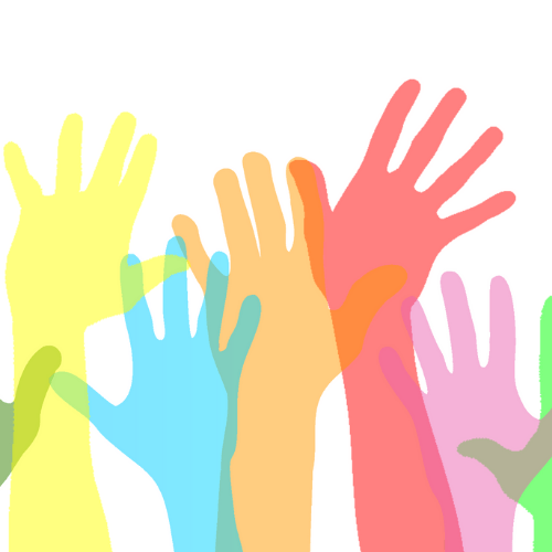 Volunteers Needed Image - colourful graphic of arms in the air